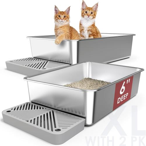 2 Pack 23.6 x 15.7 x 6 Deep & Extra Large Stainless Steel Cat Litter Boxes, High Sides Metal Cat Litter Box for Multi-Cats Big Cats XL Metal Litter Pan Tray, Non-Sticky, Easy Cleaning