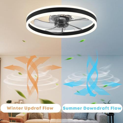 Ceiling Fan with Light, Upgraded 20‘’ Low Profile Fan, Flush Mount Ceiling Fan, 6 Speeds, Dimmable LED, App & Remote Control, Quiet DC Motor, for Bedroom, Living Room, F105 Black-D