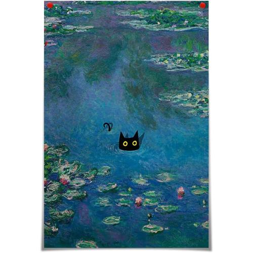 Vintage Monet Canvas Wall Art Famous Oil Paintings Monets Water Lillies Black Cat Poster Funny Cat Floral Print Abstract Farmhouse Gallery Aesthetic Room Decor for Bedroom Bathroom Unframed