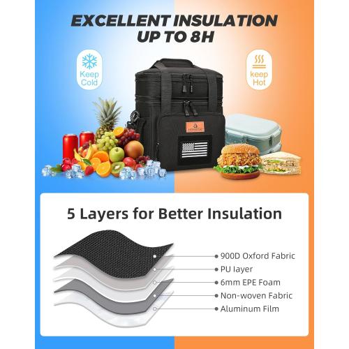 HSHRISH Expandable Lunch Box, Double Deck Large Insulated Lunch Bag for Men, Durable Leakproof Cooler Bag for Men Work Shift Outdoor Trips, 20 Can/15 L, Black