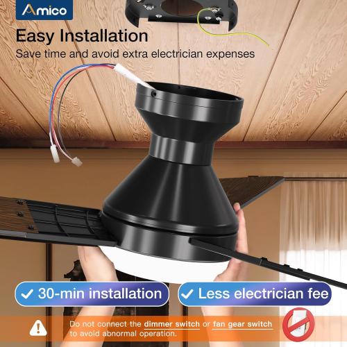 Amico Ceiling Fans with Lights, Low Profile Ceiling fan with Light and Remote Control, Flush Mount, Reversible, 3CCT, Dimmable, Noiseless, Black Ceiling Fan for Bedroom, Indoor/Outdoor Use