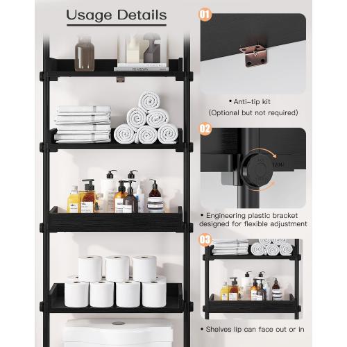 ALLZONE 4 Tier Over The Toilet Storage, Adjustable Wood Over Toilet Bathroom Organizer, Freestanding Shelves, Fit Most Showers Over The Toilet Shelf, 92 to 116 Inch Tall, Black