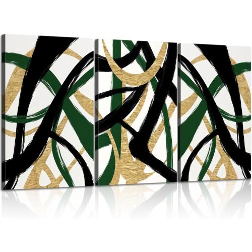 3Pcs Framed work Abstract Lines Canvas Wall Art Modern Black, Green, Gold Geometric Brushwork Prints Posters Abstract Line Images Framed gallery packaging artwork for living room prints, bedroom, office, and home decor 12X16Inch