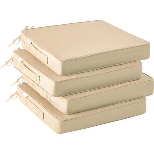 Outdoor Chair Cushions Set of 4, Waterproof Outdoor Seat Cushions for Patio Furniture, Patio Chair Cushion with Handle and Ties, Square Out Door Chair Pads,19 x 19 x 3, Beige