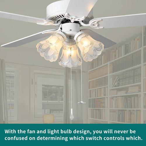 42 Inch Indoor Ceiling Fan with Pull-chain and Three LED Light Bulbs Base, Traditional 3-Speeds Reversible Blades Ceiling Fan (White)
