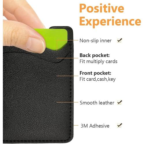 Leather Phone Wallet, Stick On Card Holder for Back of Phone Case - Compatible with Most Cell Phones (iPhone, Samsung) - 2Pack Black