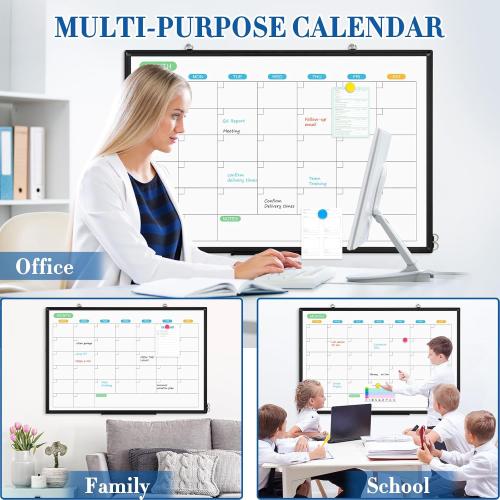 WALGLASS Dry Erase Calendar Whiteboard for Wall, 36 x 24 Double-Sided Monthly Calendar White Board with Black Aluminum Frame, Hanging or Wall Mount Whiteboard for Home, Office, School