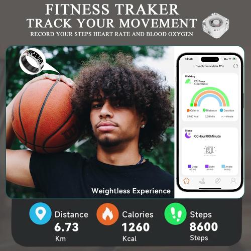 Color Black Smart Rings for Men Women,Fitness Tracker Ring,Smart Ring whth Display and Touch Button,IP68waterproof,Health Ring Tracks Heart Rate/Sleep/Steps/Blood Oxygen/Calorie/Distance,No Subscription