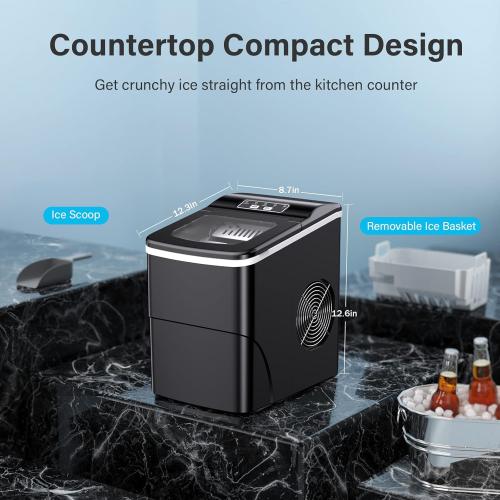 Counter top Ice Maker Machine, 26Lbs/24H Self-Cleaning Ice Makers Countertop, 9 Cubes Ready in 6mins Portable Ice Cube Maker with Ice Scoop Basket, Hook for Home Camping Party (Black)