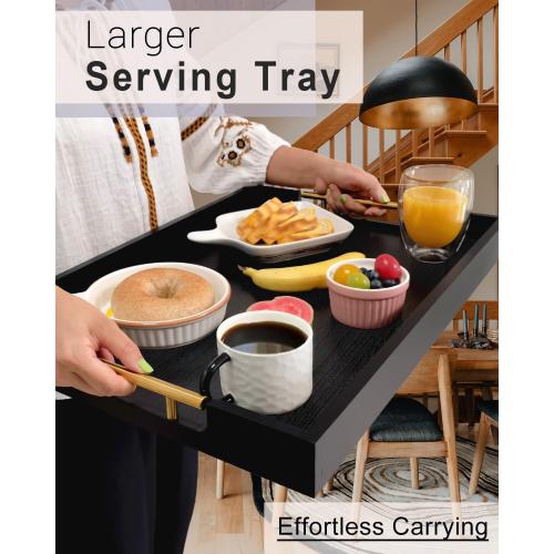 22 Inch Rectangle Black Ottoman Tray with Gold Metal Handles, Extra Large Wooden Serving Tray for Living Room, Coffee Table, Kitchen & Hosting