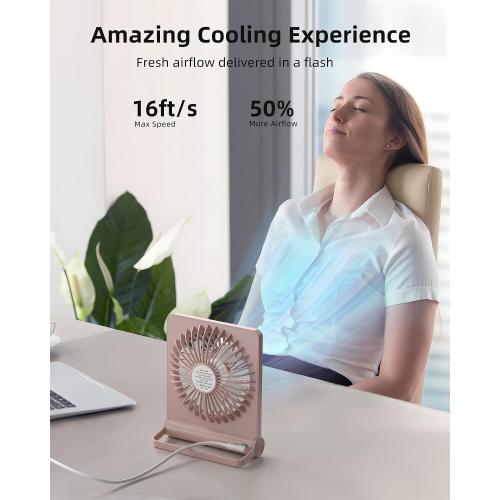 Koonie USB Fan, Strong Wind Ultra Quiet Small Desk Fan 220° Tilt Folding 3 Speeds Adjustable USB-C Powered Personal Fan for Home Office Desktop, Pink, NO BATTERY