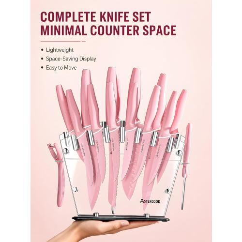 Astercook Knife Set with Clear Block and Sharpener 22Pcs Pink