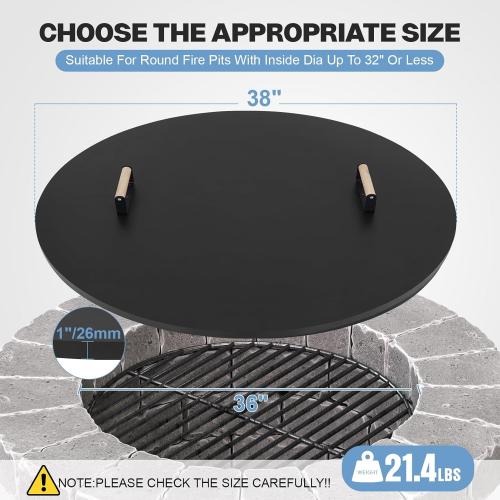 Fire Pit Lid Cover Round - 38 Rust Resistant Powder Coated Steel Firepit Cover or Table with 2 Wooden Handles for Patio Fire Pit, Weatherproof for All Seasons, Fits Fire Pits Up to 36