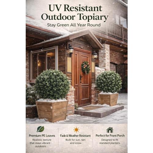 Artificial Boxwood Topiary Trees Set of 2, 26 Tall UV Resistant Real Touch Faux Plants in Pots for Front Porch, Entryway & Patio Decor