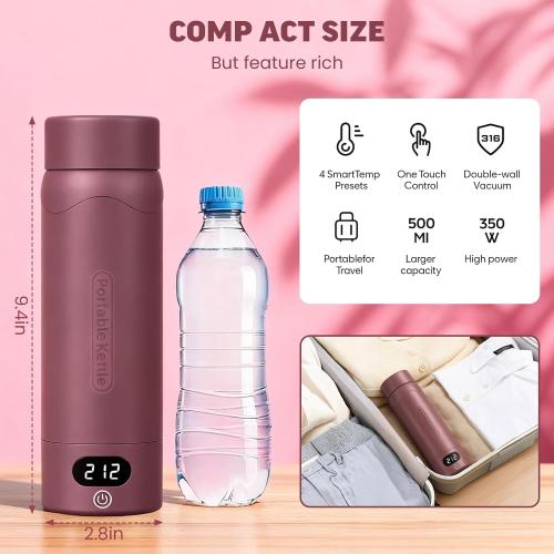 Travel Electric Kettle Portable Mini Kettle, 316 Stainless Steel 16.91Oz/500mL, Small Hot Water Boiler with 4 Temperature,Fast Boiling water with Auto Shut-Off and Boil Dry Protection Cranberry