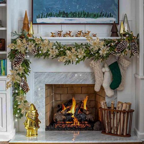 6 Pcs Christmas Tree Picks 25 Inch Glitter Christmas Flowers Poinsettia Glitter Christmas Picks Sprays with Flowers Holly Leaves Pine Needles for Xmas Tree Ornaments Fireplace Wreath - Champagne
