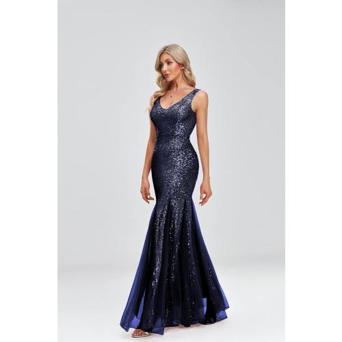 Size S/L Updated Women's Double V Neck Long Sequined Mermaid Dress Formal Dress Bridesmaid Party Dress