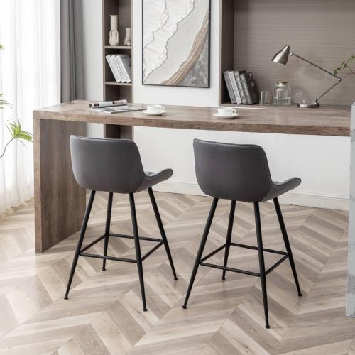 Counter Height Bar Stools, Modern Velvet Barstools Set of 2 with Black Legs and Fabric Seat and Back for Kitchen Island, Grey.