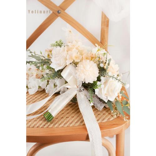 11 Inch Champagne Wedding Bouquets for Bride White Artificial Roses Flower Cascading Bridal Bouquet for Rustic Boho Fall Vintage Wedding Ceremony Party and Anniversary