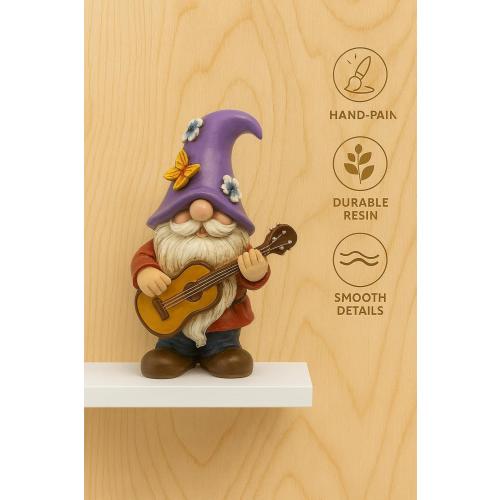 Musical Gnome Figurine with Guitar – Handcrafted Resin Garden or Shelf Decoration, 6.2 Tall Whimsical Gnome Statue with Purple Hat, Flowers & Butterfly, Gift for Music Lovers (Purple)