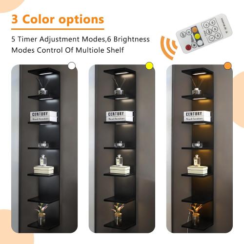 7 Tier Wall Shelves with Led Light, Lack Wall Shelf Unit, Vertical Shelf with Remonte Control,Black Shelves
