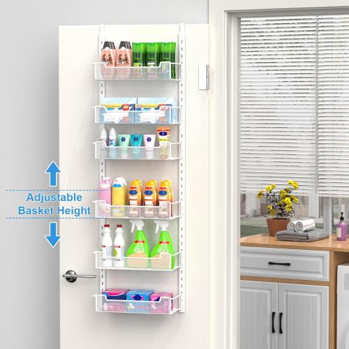 VyGrow 12.3 W Narrow Over the Door Pantry Organizer, 6-Tier Over the Door Organizer with Adjustable Basket, Pantry Door Organization for Pantry Kitchen Storage Room Spice Rack, White