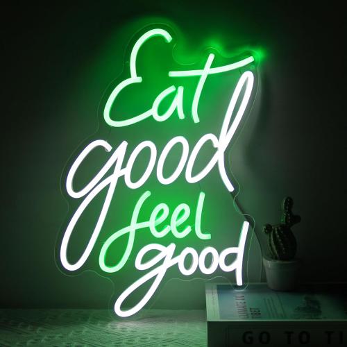 Eat Good Feel Good Neon Sign Green White Letter LED Neon Light Sign Food Neon Signs for Wall Decor Health LED Sign Dimmable Light Up Signs for Restaurant Kitchen Snack Shop Party Decor