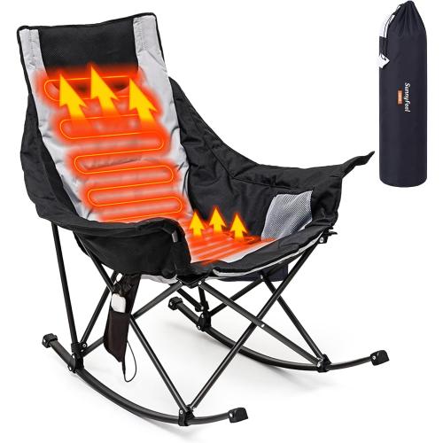SUNNYFEEL Oversized Heated Rocking Camping Chair, Fully Padded Patio Chair with Side Pocket, High Back Portable Lawn Recliner with Carry Bag, Outdoor Rocker Camp Chair for Adults Heavy Duty 500 LBS