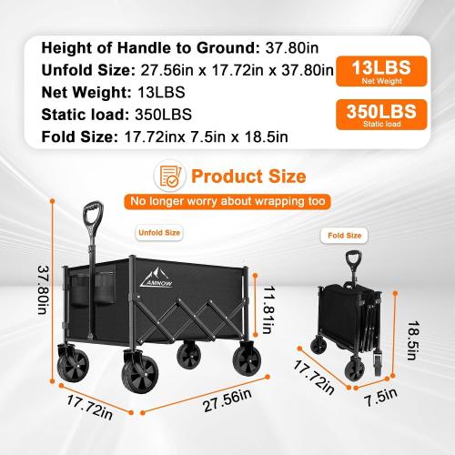 AMNOW 100L Collapsible Wagon Cart with All Terrain Wheels, 350LBS, Black | Rust-proof steel frame, 28×18×12in, only 13lbs, easy one-hand fold, garden camp beach trips