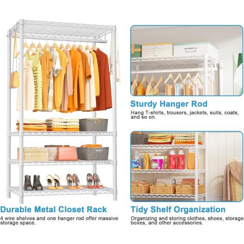 Ulif H4 Portable Closets, 4-Tier Metal Clothes Garment Rack for Bedroom and Cloakroom, Clothing Closet Storage and Organizer Wardrobe, 35.4 W x 14 D x 76.4 H, White