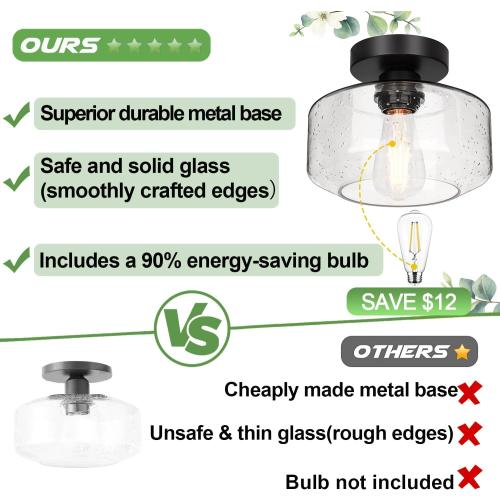 Industrial Semi Flush Mount Ceiling Light, 800 Lumen LED Bulb Included, Seeded Glass Shade Farmhouse Light Fixture for Hallway Corridor Kitchen Bathroom Bedroom Passway