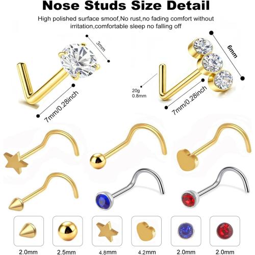 20G Surgical Stainless Steel Nose Rings Hoops & Studs - Hypoallergenic Nose Screw Piercing with 2-3mm Gold-Tone CZ, Multi-Size for Women Men