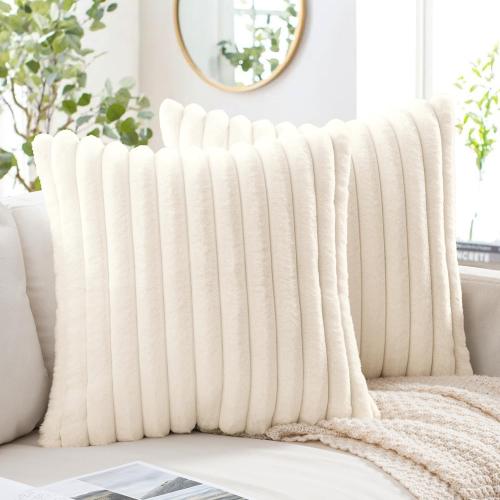 MIULEE Faux Fur Decorative Throw Pillow Covers 18x18 Inch Set of 2, Modern Spring Home Decor Soft Plush Couch Pillows Cozy Fluffy Cushion Covers for Sofa Bed Beige