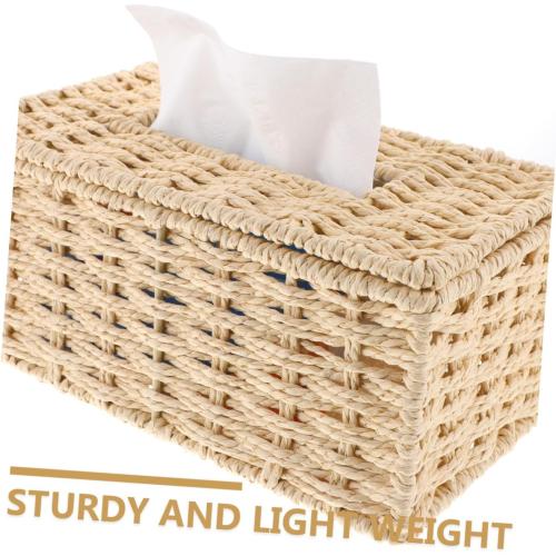 Woven Paper Rope Tissue Box Holder, Handmade Rattan Napkin Storage Basket, Beige Decorative Tissue Cover for Home Office Bathroom