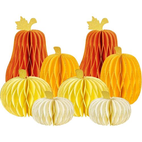 SUBBEAUTY 8 PCS Pumpkin Honeycomb Centerpieces Fall Pumpkin Party Decoration Thanksgiving Centerpieces for Tables Orange Honeycomb Decorations for Halloween Autumn Festival Party Decor