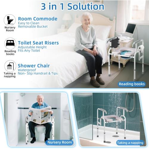 Heavy-Duty Bedside Commode 3-in-1Toilet Commode Chair Extra-Wide Seat 500 Pound Weight Capacity Bucket with Lid Included Adjustable Height & Width for Seniors Disabled Patient Home Care