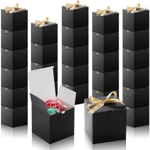 DOYIDE Small Gift Boxes, 60 Pcs 4x4x4 Inch Black Elegant Paper Box with Ribbons, Party Favor Boxes for Candy Cupcake Christmas Wedding Baby Shower Bridesmaids Birthday