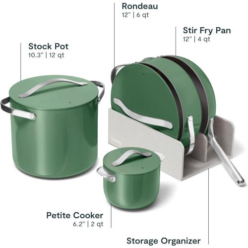 Caraway Cookware  Collection - Specialty Cookware Set - Petite Cooker, Stir Fry Pan, Rondeau, & Stock Pot - 3 Lids & Storage Organizer Included - Gray