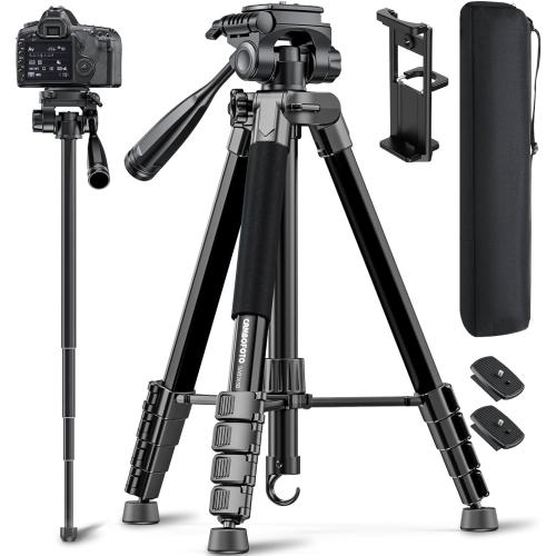 Black 73 Camera Tripod and Monopod, Professional Aluminum Tripod Stand for Mirrorless Camera/DSLR/Cell Phone/Camcorder/GoPro, with Phone Holder and Travel Bag (Black)