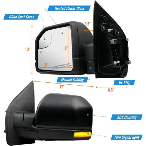 Left Side Mirror for Ford F150 2015 2016 2017 2018 2019 2020，Driver Side View Mirrors with Heated Power Glass, Turn Signal and Blind Spot Mirror Glass, 6 Pins