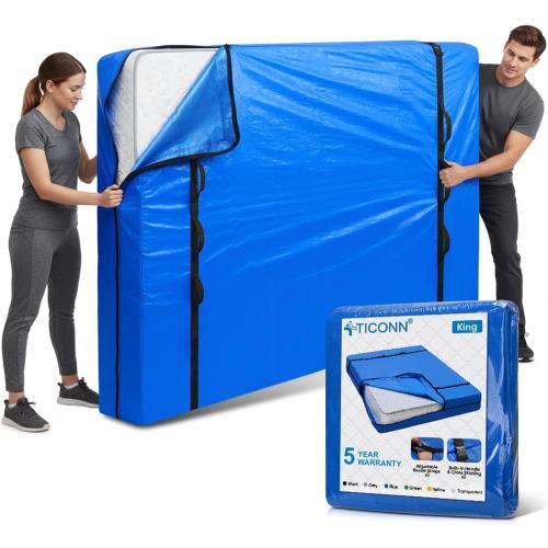 TICONN Mattress Bags for Moving, Heavy Duty King Mattress Cover Storage Bag with Full-Around Handle and Adjustable Buckles (Blue, King)