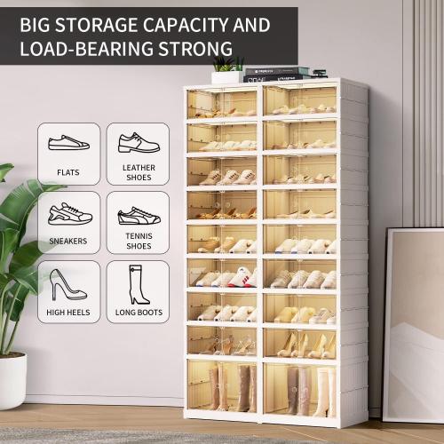 White 9-Tier Foldable Shoe Rack Organizer for Closet,36Pairs Collapsible Plastic Shoe Shelf,Large Shoes Cabinet with Door,Clear Stackable Storage Box Easy Assembly