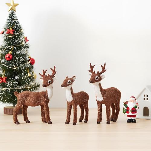 3 Pcs Christmas Reindeer Decor, Festive Holiday Decorations, Rustic Elk Ornaments, Handcrafted Tabletop Decor for Home, Office, Fireplace, Mantle (Brown)