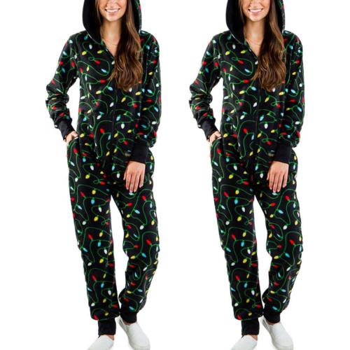 Size L/XL...Women Hooded Fleece Pajamas 3D Printed Christmas Sleepwear 1-Piece Jumpsuit Homewear Romper