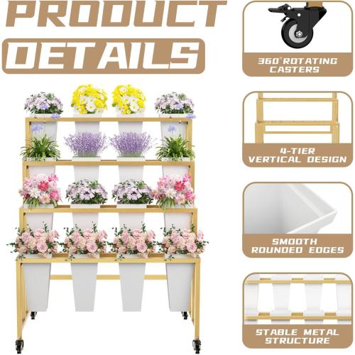 Flower Display Stand with 16 Buckets, 4 Layers Flower Bar, Gold Metal Plant Stand with Wheels, Heavy Duty Flower Cart for Indoor Outdoor Patio Garden Wedding Florist, Gold Metal Frame