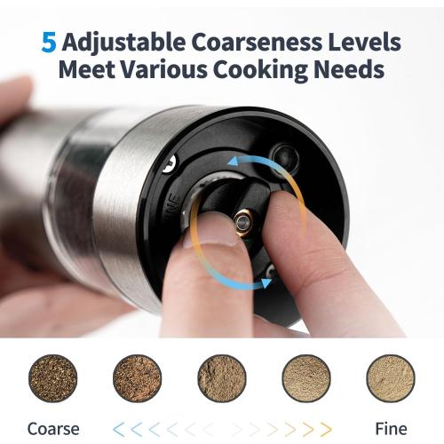 2 pack Automatic Rechargeable Electric Salt and Pepper Grinder Set Stainless Steel Shakers Mill Pepper Grinder Set for Kitchen with LED Large Button Adjustable Coarseness USB With Dual Eco-Friendly Wood Base