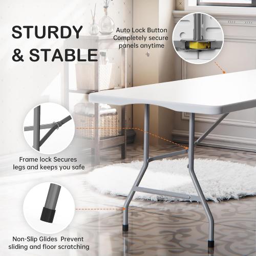 VSOAEIL 6 Foot Folding Table 2 Pack, 6 FT Foldable Plastic Table Heavy Duty | 6 Feet Portable Fold-in-Half Utility Folding Table with Handle for Picnic, Party, Dining, Camping, Indoor & Outdoor, White