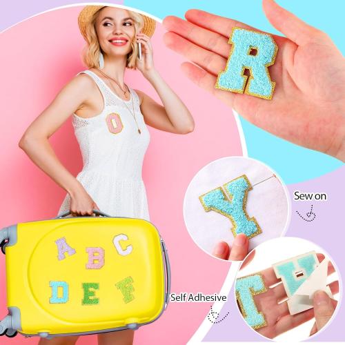 Jutom 104 Pcs Self Adhesive Chenille Iron on Letter Patches Letter Chenille Stick on Embroidered Patch for Clothing Jackets Backpacks Hats(Classic,Pink, Sky Blue)