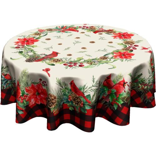 Giwawa Red Birds Floral Tablecloth Round 60 Inch Buffalo Plaid Decorative Water Resistant Table Cloth Cover for Dining Room Kitchen Holiday Party
