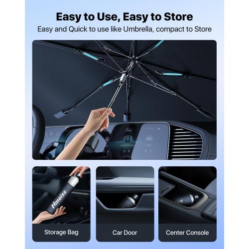 [2026 Upgrade] Nmoiss Windshield Sun Shade Umbrella for Car - [Vinyl Coating Heat Shield] Protect Car from Sun Rays & Heat Damage Keep Cool and Protect Interior Large (61 L x 35 W)